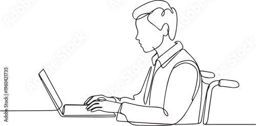 Continuous one line drawing of a man in wheelchair working on laptop. Minimalist vector illustration of accessibility, inclusive workplace, and disabled professional freelancer.