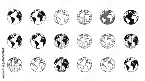 Large set of various world globe icons in different styles, colors, and map projections provides options for global and travel designs.