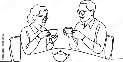 Continuous one line drawing of elderly couple drinking tea or coffee together. Senior man and woman sitting at table with teapot. Minimalist linear vector illustration of aging together and retirement