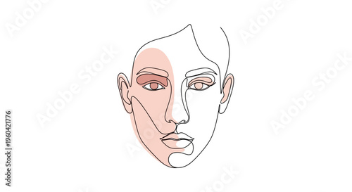 Minimalist Line Art Portrait of a Woman with Subtle Pink Blush on One Side