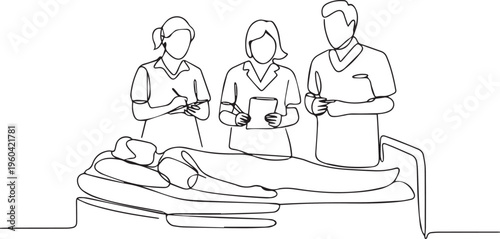 Continuous one line drawing of doctors and nurses attending to a patient in hospital bed. Healthcare team medical consultation concept. Minimalist linear vector illustration of nursing care.