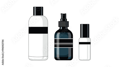 Trio of cosmetic product bottles in white and dark blue with black lids are arranged neatly for a professional skincare or beauty ad.