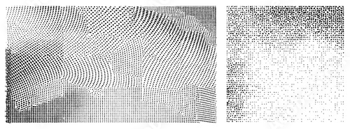 Vector halftone design using curved dot density gradients, abstract waveforms, black and white texture, graphic art, digital illustration.