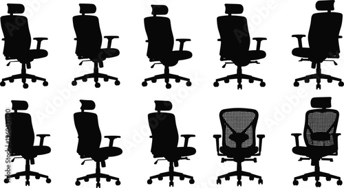 Office chair silhouettes collection, ergonomic swivel seating designs, modern workspace furniture set, adjustable rolling chairs, isolated black vector illustration