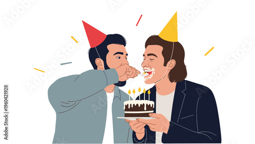 Two happy men celebrate a birthday together with a chocolate cake, party hats, and colorful confetti flying in the air.