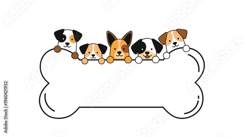 Row of five different cute puppy faces look out from behind a large white bone shaped frame, perfect for pet related designs.