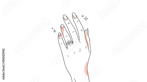 Elegant hand with a diamond engagement ring on the finger is surrounded by tiny sparkles, representing love and commitment.