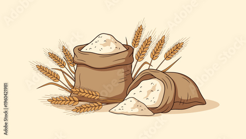 Two large sacks filled with white flour are surrounded by stalks of golden wheat, representing the source of bread and baking.