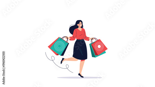 Happy young woman dressed in stylish clothing happily carrying colorful shopping bags while walking or dancing after a successful retail session.