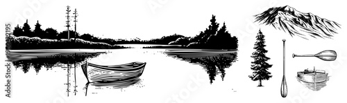 Tranquil lake with rowboat, pine tree, mountain reflection, hand drawn ink illustration, nature escape, wilderness solitude.