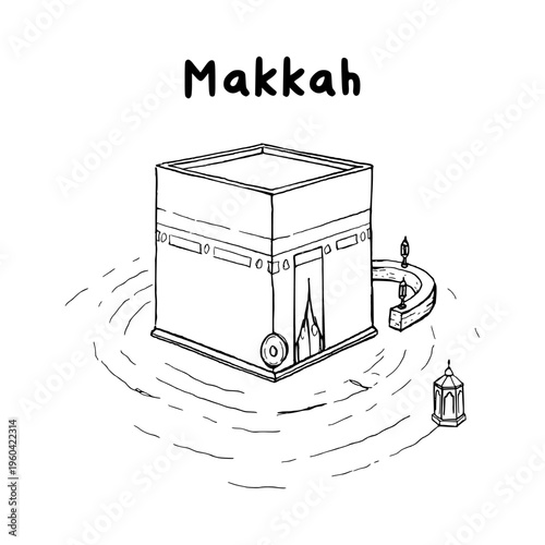 Kaaba in Makkah Hajj Route Line Art Vector Illustration