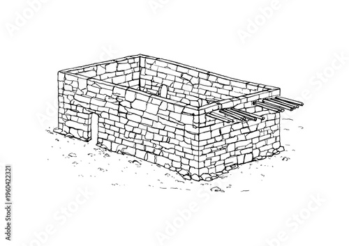 Historic Kaaba in Makkah Early Era Line Art Vector Illustration