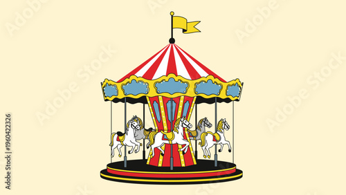 Classic carnival carousel with colorful horses under a red and white striped canopy, topped with a yellow flag on a light background.