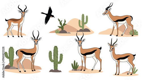 Group of antelopes standing near cacti and dunes in a desert landscape, featuring a bird flying in the background of the arid environment.
