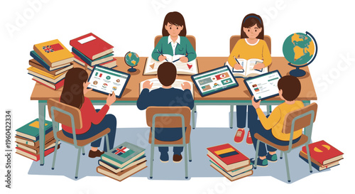Students study together at a large wooden table with laptops and books