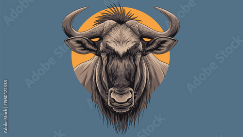 Detailed illustration of a wildebeest head with large horns positioned in front of a warm orange sun against a dark blue background.