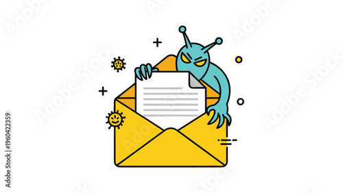 Conceptual illustration of a green monster emerging from a yellow envelope to snatch a document, representing a cybersecurity threat or virus.