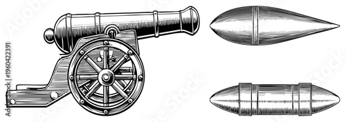 Historical cannon with wheeled carriage and two types of cannonballs, engraved vector illustration, military hardware, antique warfare equipment, black and white drawing.