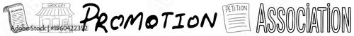 Set of promotional including petition, association, grocery store, declaration scroll, and bold “PROMOTION” text, all in minimalist style.