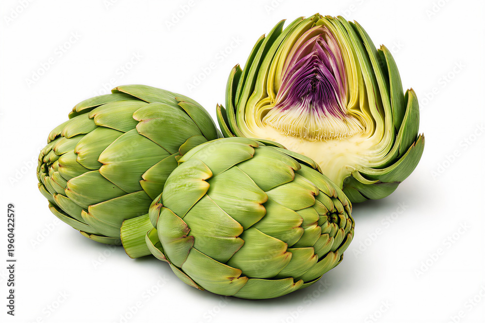Fototapeta premium Artichoke cut open with whole ones showing edible parts clearly