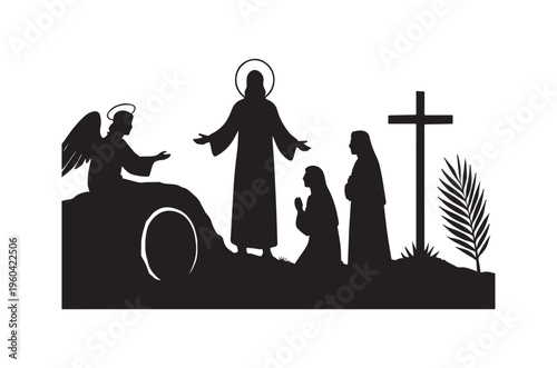 Resurrection scene depicting jesus emerging from the tomb with witnesses