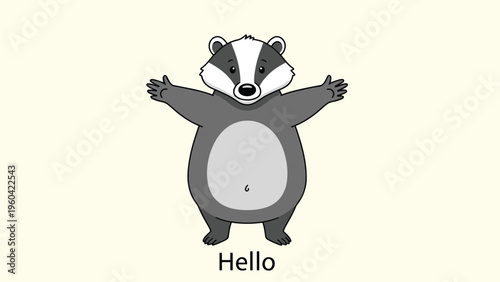Cute cartoon badger character standing with arms open wide and a friendly smile, greeting everyone with the word hello on a light background.