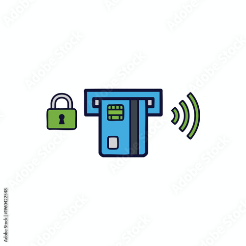 A green padlock sits beside a blue card being inserted into a slot with signals