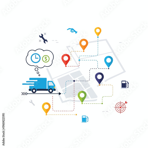 Truck route planning with stops for fuel, tools, and destinations