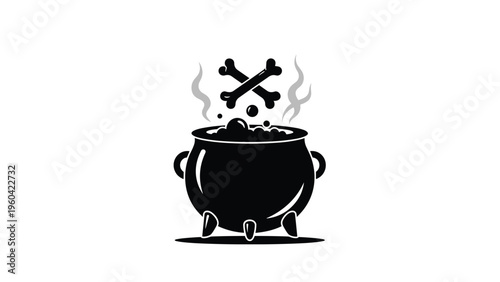 Spooky black silhouette of a bubbling witch's cauldron with crossed bones and steam, ideal for Halloween or fantasy themed graphic projects.