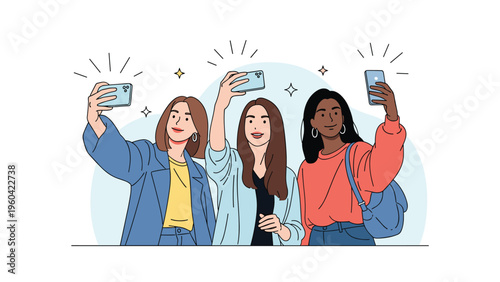 Diverse group of three young women smiling and posing together while taking a selfie with their smartphones on a light blue background.