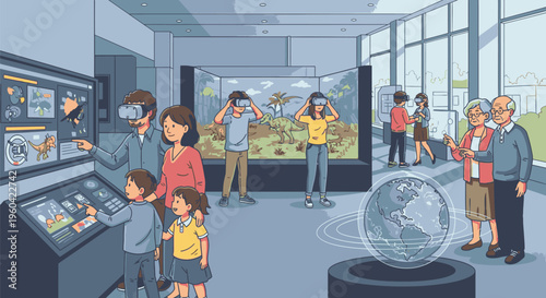 People interact with exhibits and a large globe in a modern science museum exhibit hall with technology and illustrations on display