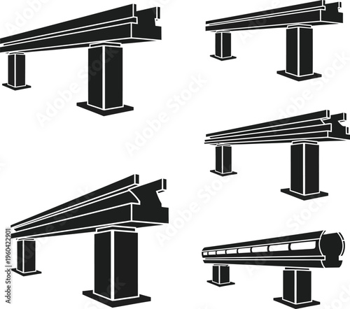 Set of Industrial Bridge Girders and Monorail Track Sections, Scalable Vector Art Silhouette EPS