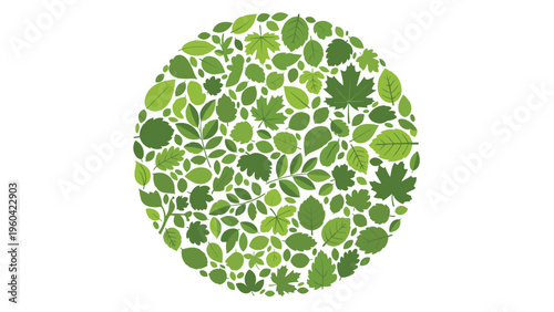 Green leaf circle arrangement featuring various foliage shapes represents environmental sustainability and nature conservation concepts.