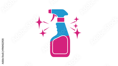 Plastic cleaning spray bottle in blue and pink colors with shining sparkles to emphasize hygiene and effective domestic sanitation solutions.