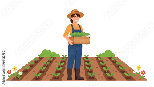 Young female farmer wearing a hat and overalls holds a wooden box of green plant seedlings in a cultivated agricultural field.