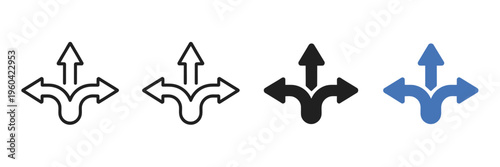 Arrow, direction icon with multiple paths, choice decision symbol, strategy planning concept, navigation growth progress pictogram for business scenarios.