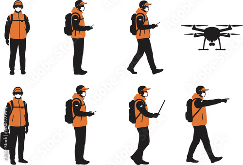 Drone operator silhouettes, delivery drone, remote control, drone launch, walking pose, carrying case, pointing gesture, professional pilot, aviation, technology, gadget