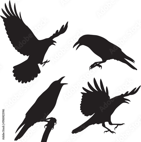 Black silhouette crow vector art with flying and perched birds, elegant dark wildlife decorative design