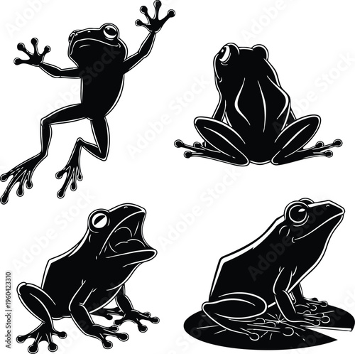 Black silhouette frog vector art with climbing, sitting and calling poses, bold amphibian wildlife design