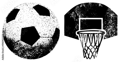 Classic soccer ball with pentagons and hexagons, basketball hoop with net, distressed halftone texture, sports, retro graphic design.
