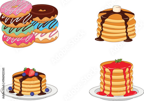 Delicious Donut and Pancake Set with Colorful Icing, Syrups, and Toppings for Dessert and Breakfast Design