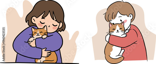 Two children hugging cats in a hand-drawn style on a transparent background, depicting warmth and affection towards pets in a colorful and friendly setting.