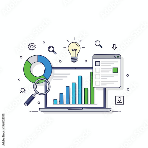 Laptop displays bar graph & pie chart, with lightbulb, magnifying glass, and download icons