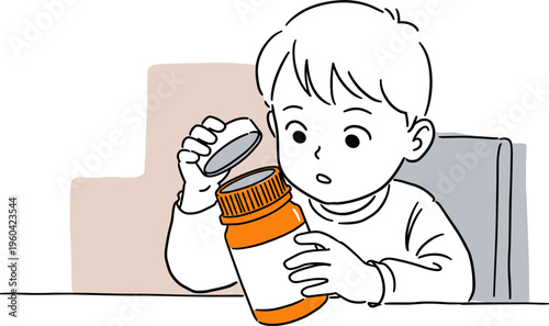 Young boy curiously opening a bottle, excited expression, indoor setting, hand drawn style, with an orange cap, on a transparent background