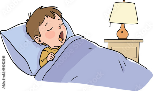 A sleeping young boy yawns under a cozy blanket in a colorful hand drawn style, with a bedside lamp and a peaceful indoor setting, on a transparent background