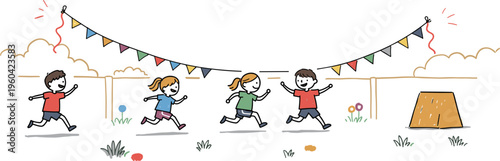 Children running joyfully outdoors during a festive celebration in a garden decorated with colorful flags and balloons on a sunny day, hand drawn style on a transparent background