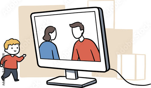 Child walking towards computer screen displaying two people video chatting in a cozy indoor setting with a hand-drawn style on a transparent background.