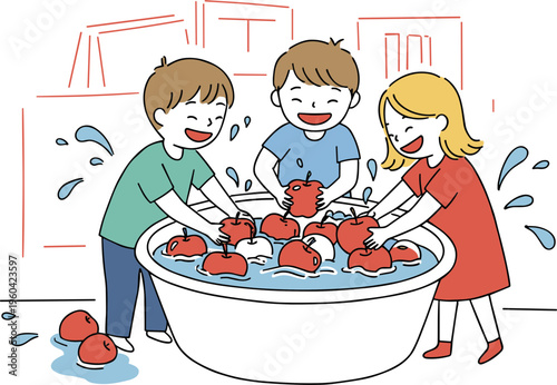 Three children playing with apples in a large bowl filled with water, splashing joyfully, on a transparent background, hand drawn style illustration