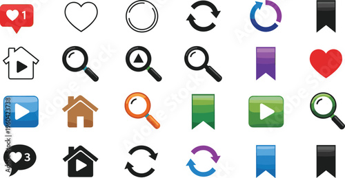 User interface icon collection with hearts home play search refresh bookmarks speech bubbles, digital design artwork, vector template set