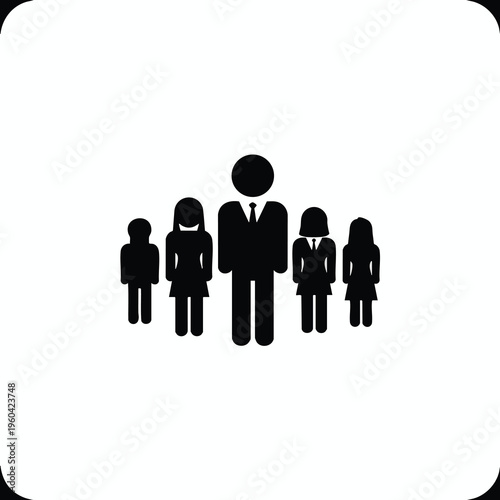 Silhouettes of five figures; one central man in a suit, flanked by four women